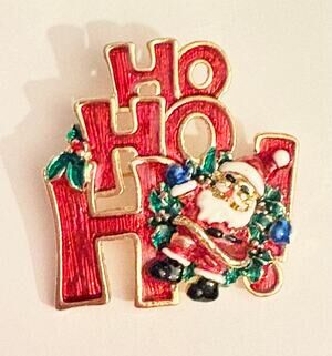 Vintage HO HO HO Santa Enamel Christmas Brooch Pin